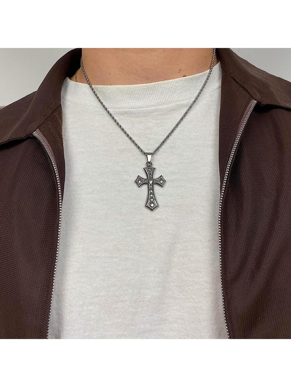 Stainless steel y2k style big gothic grunge silver cross pendant rope chain - Picture 4 of 8